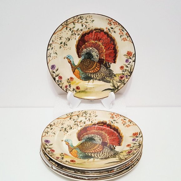 NEW RARE Pottery Barn Set of 4 Botanical Harvest Turkey Salad Plates 8.5" Sto…